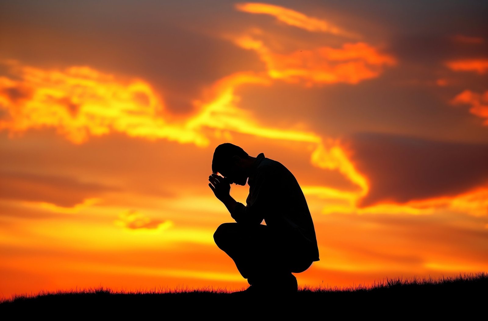 Silhouette of a praying man at sunset
